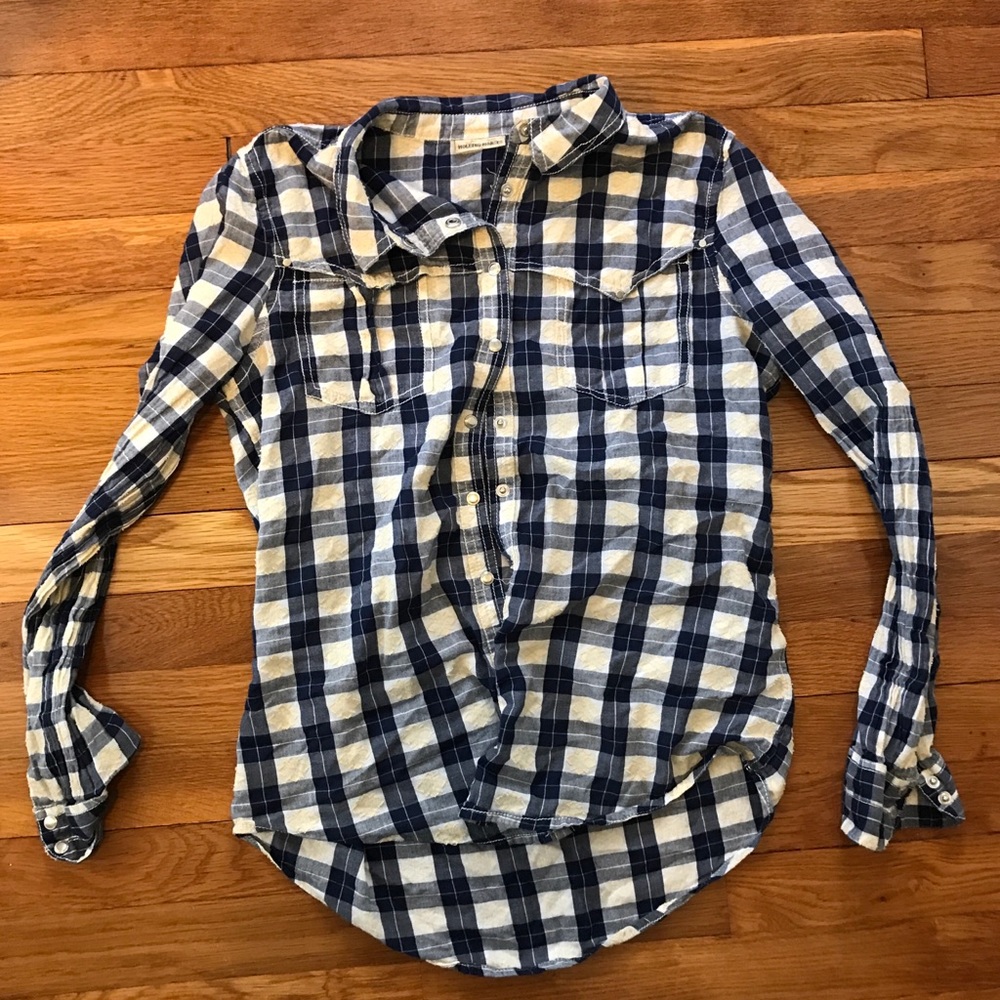 Holding horses blue plaid button down